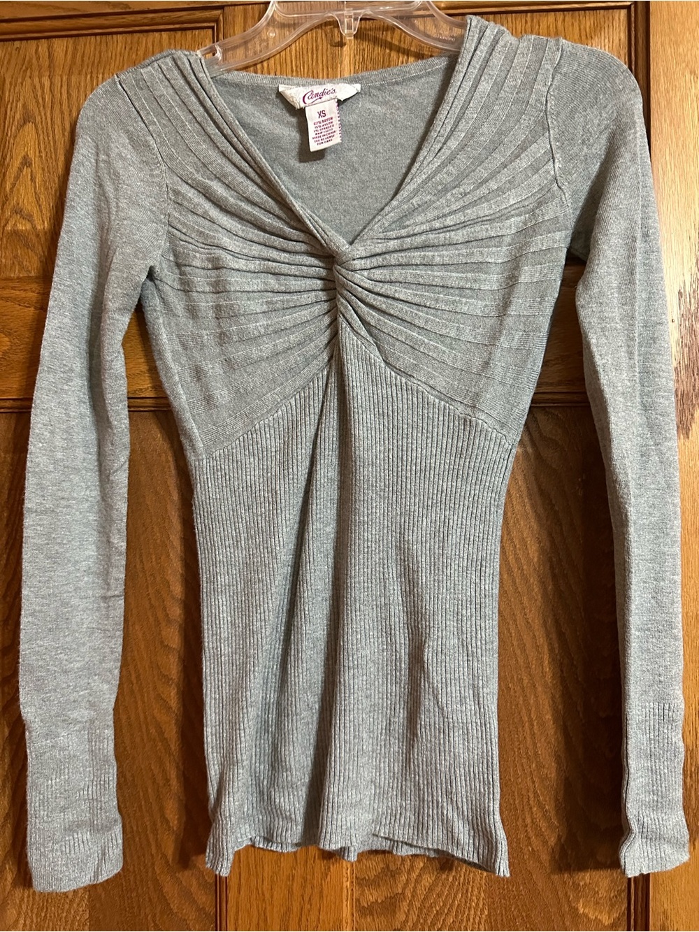 Candie's Gray Long Sleeve Twist-Front Ribbed Top
